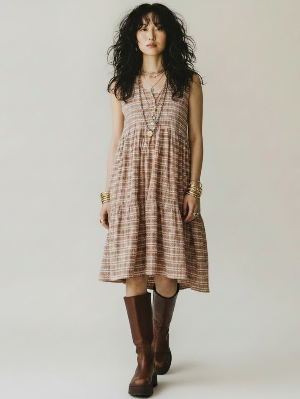 Free People Crinkle Striped Midi Dress In Bronze And White Size Large